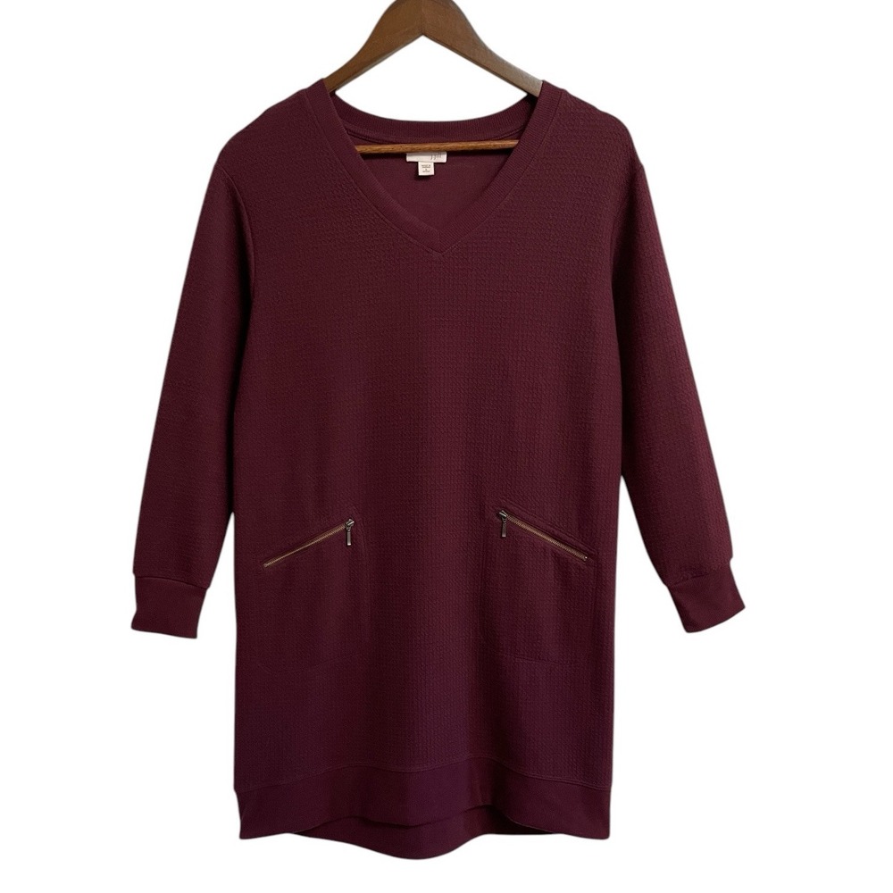J. Jill Tunic Dress Womens S Petite Burgundy V-Neck Zip Pocket Waffle Knit